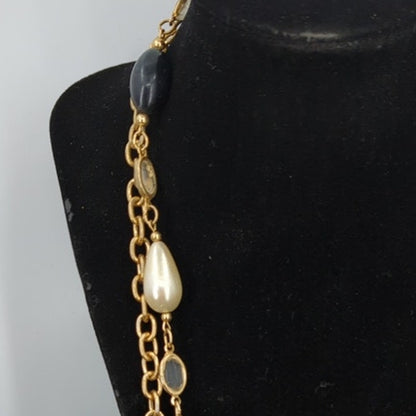 Vintage Premier Designs Multi-Strand Faux Pearl & Onyx Necklace 18"
