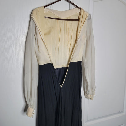 Vintage Poly Chiffon Jumpsuit Cream Black Small/XS 1960's Cocktail Pleated sheer