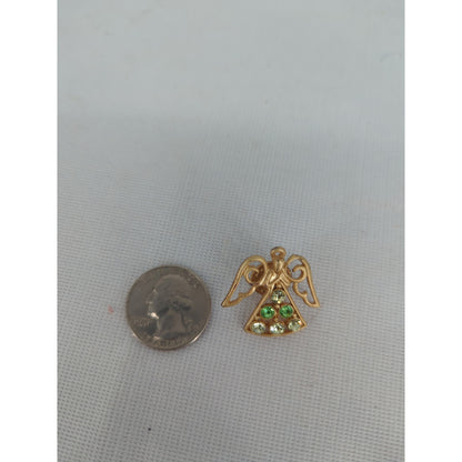 Vintage Gold Tone Angel Lapel Pin Green Rhinestones Brooch Christmas Holiday