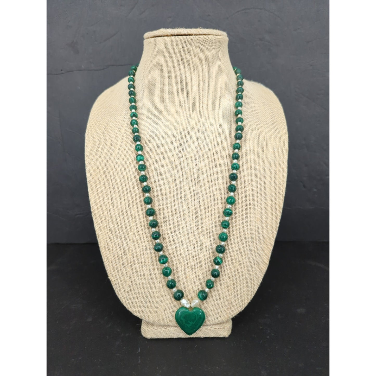 Vintage Green Jadeite Glass Beaded Necklace Heart Pendant Mid-Century Boho Chic