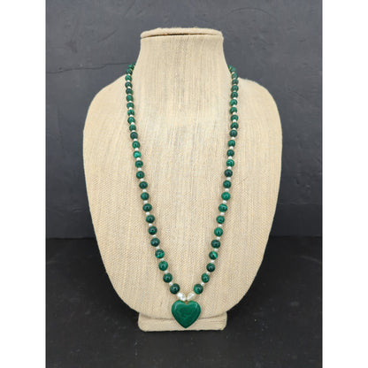 Vintage Green Jadeite Glass Beaded Necklace Heart Pendant Mid-Century Boho Chic