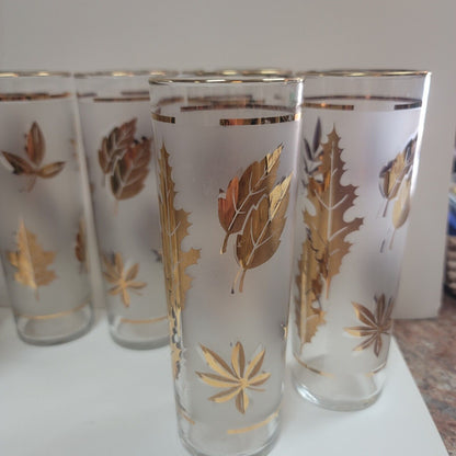 MCM Barware Highball Drinkware Cocktail Set of 8 Libbey Gold Leaves 7'' glasses