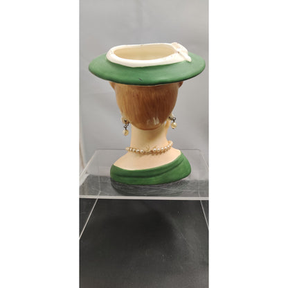 Vintage 1950s Redhead Lady Head Vase Planter Green Hat Collectible Kitsch