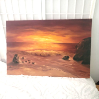 Vintage Mid-Century Sunset Seascape Oil Painting Canvas Signed by A. Eriksen