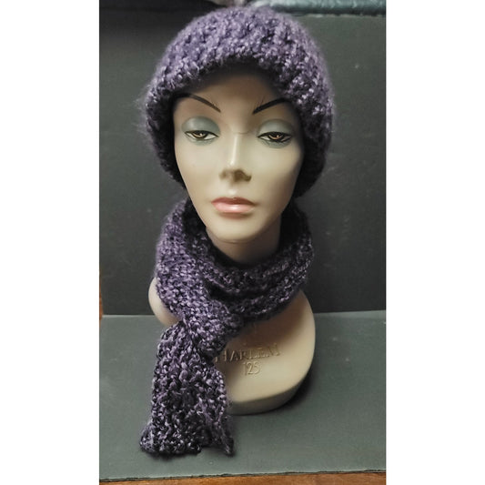 handmade Purple set hand crocheted beanie hat and matching scarf soft