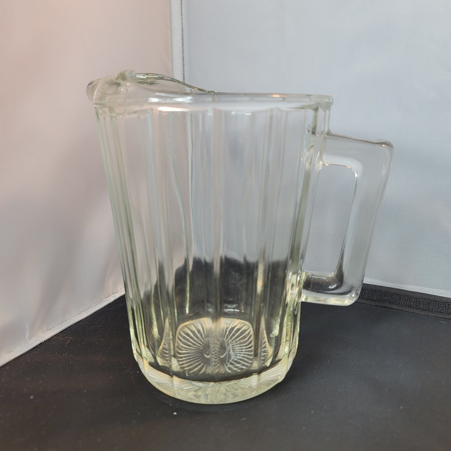 Vintage Small Heavy Clear Glass PITCHER w/ Ice Lip, Square Handle & Wide Ribs