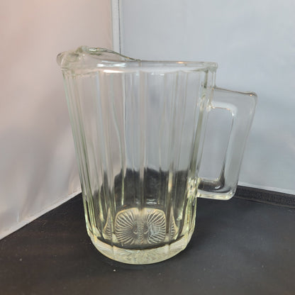 Vintage Small Heavy Clear Glass PITCHER w/ Ice Lip, Square Handle & Wide Ribs