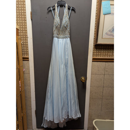 Mac Duggal Light Blue Beaded Halter Neck Prom Pageant Maxi Gown 4