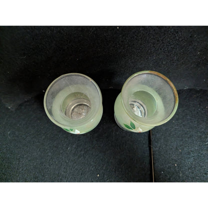 Vintage Frosted Green Hand-Painted Miniature Vases with Silver-Tone Bases - Pair