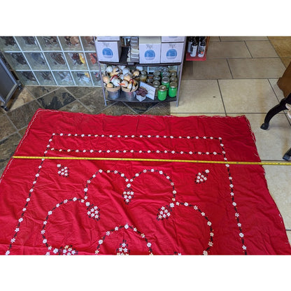Vintage Cotton Coverlet 2 Shams Queen/Full red white embroidery Floral Medallion
