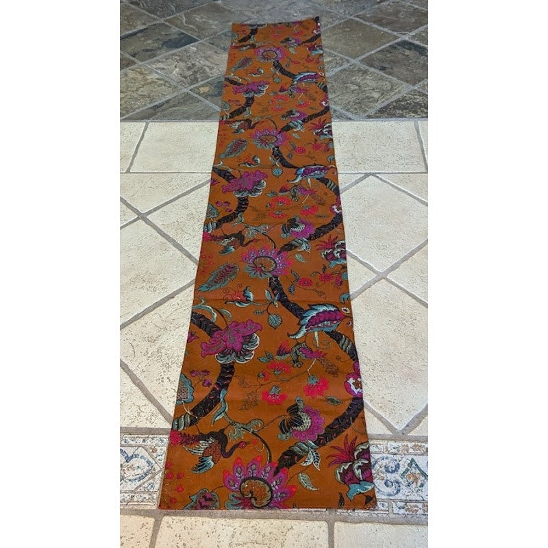 table runner 88" x 16" Rust purple blue Bird Florals cotton woven blend