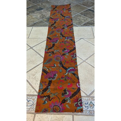table runner 88" x 16" Rust purple blue Bird Florals cotton woven blend