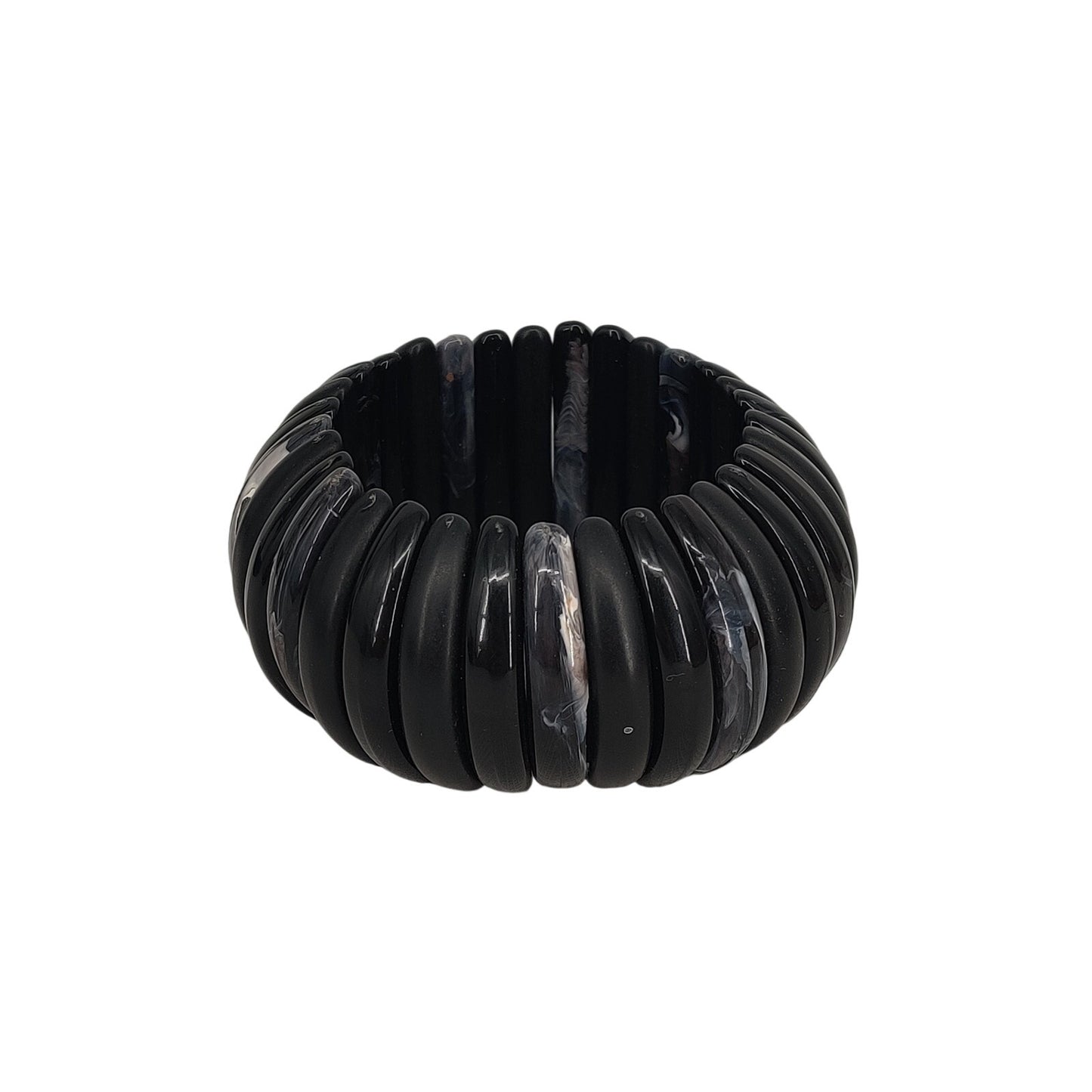 Vintage Black & White Ribbed Acrylic Stretch Bracelet 80s Chunky Statement MCM