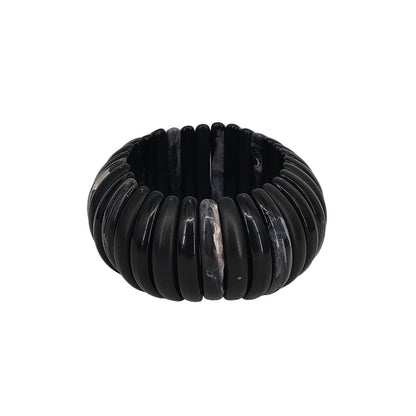 Vintage Black & White Ribbed Acrylic Stretch Bracelet 80s Chunky Statement MCM