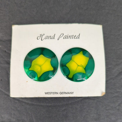 Vintage West Germany Hand Painted Enameled Metal Clip On Earrings Abstract