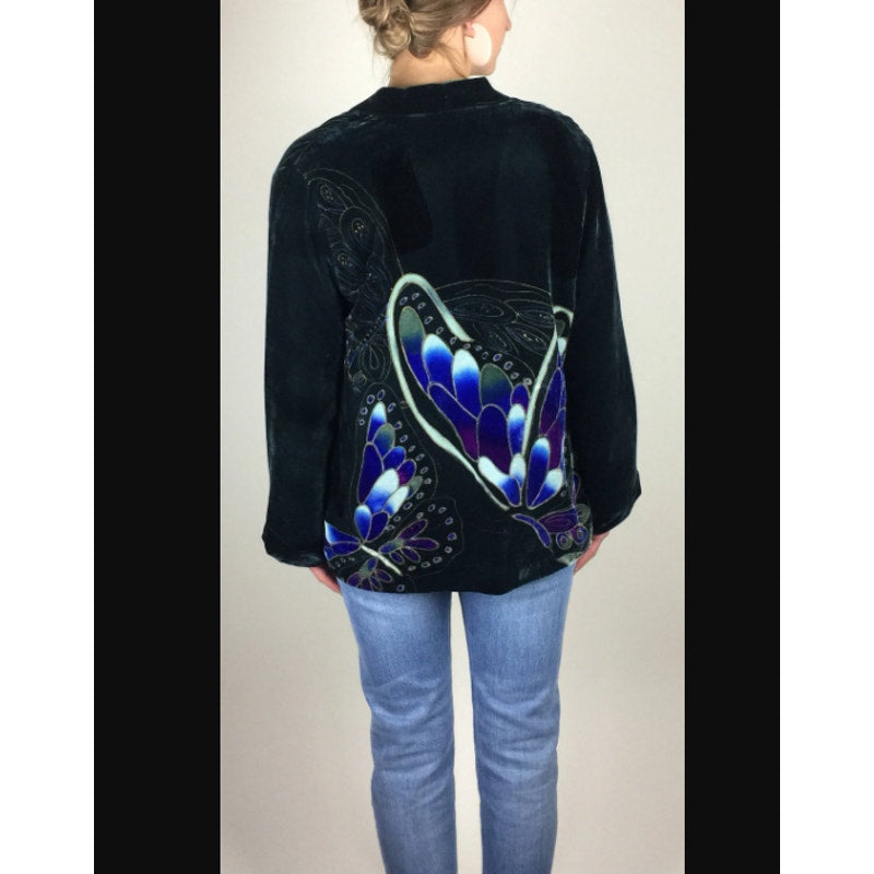 Vintage Chicos BOHO Emerald Green Butterfly Velvet Button Front Jacket 2 LARGE