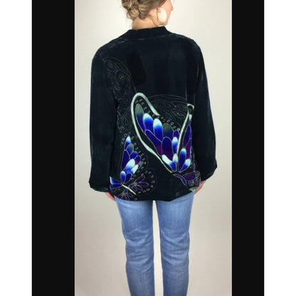 Vintage Chicos BOHO Emerald Green Butterfly Velvet Button Front Jacket 2 LARGE
