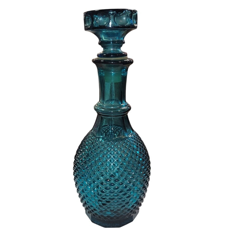 Vintage Empoli Blue Diamond Point Cut Glass Bottle Decanter Faceted Stopper 12"