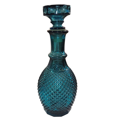Vintage Empoli Blue Diamond Point Cut Glass Bottle Decanter Faceted Stopper 12"