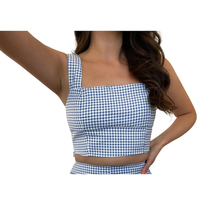 Follow The Sun Blue Gingham Crop Top Lulus MEDIUM new side zip Cotton blend