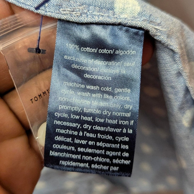 Tommy Hilfiger Blue White Polka Dot Chambray Button-Down Shirt Top Small NEW y2k