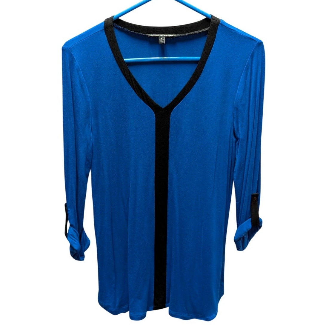 Cable & Gauge Colorblock V-Neck Tunic Blouse Womens Small Royal Blue Black Top
