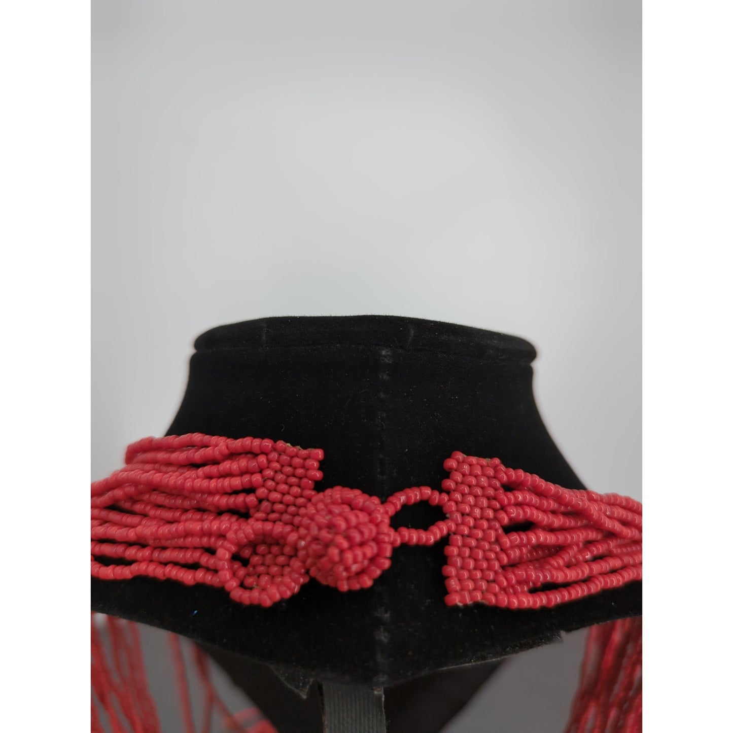 Vintage Red Seed Bead Tassel Necklace Multi Strand Waterfall Boho Statement 18"