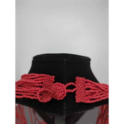 Vintage Red Seed Bead Tassel Necklace Multi Strand Waterfall Boho Statement 18"
