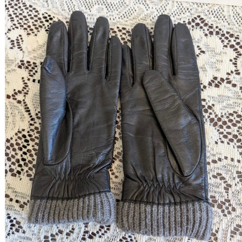 Charter Club Black Leather Gloves Grey Knit Cuff Large Corpcore Winter Warmth