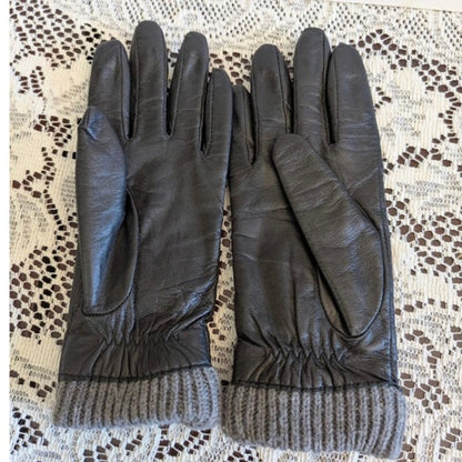 Charter Club Black Leather Gloves Grey Knit Cuff Large Corpcore Winter Warmth