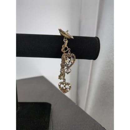 7" Vintage Gold-Tone Filigree Heart & Angels Charm Bracelet Coquette Victorian