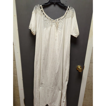 Antique Edwardian Nightgown White Cotton Dressing Gown Crocheted Bodice Large