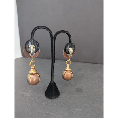 Vintage Pearl Cabochon Bead Orb Drop Clip On Earrings Gold Tone Retro Glam 1980s