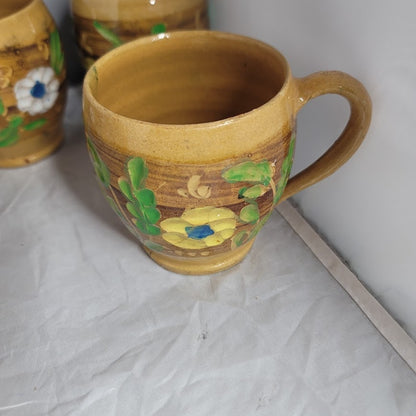 Set of 6 Primitive folk VINTAGE hand painted art pottery mug cup encised flowers