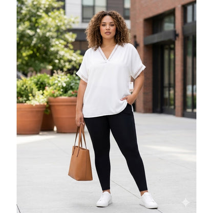 Max Studio White Lace-Trim V-Neck Blouse: Breezy Casual Short Sleeve Top Size 2X