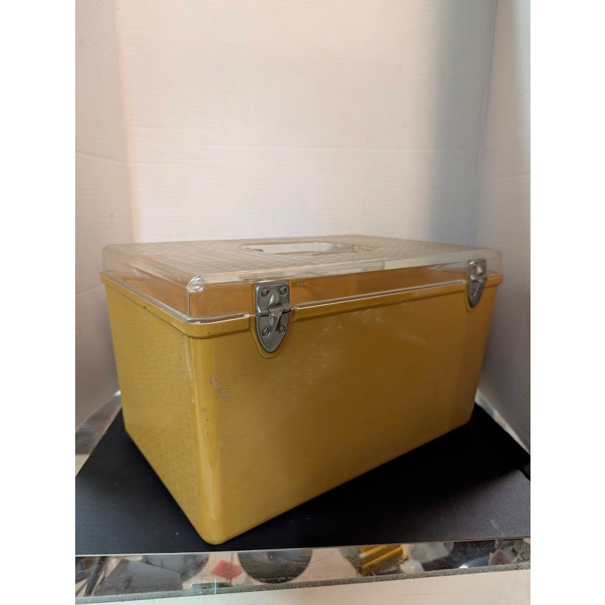 Vintage Wil-Hold Wilson yellow sewing box clear textured lid Harvest Gold 1970