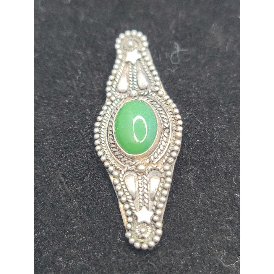 Vintage Orhan Kenan Turkish 980 Fine Silver Green Cabochon Brooch Pin PENDANT
