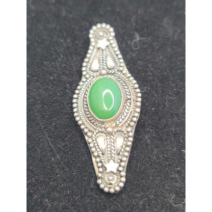 Vintage Orhan Kenan Turkish 980 Fine Silver Green Cabochon Brooch Pin PENDANT
