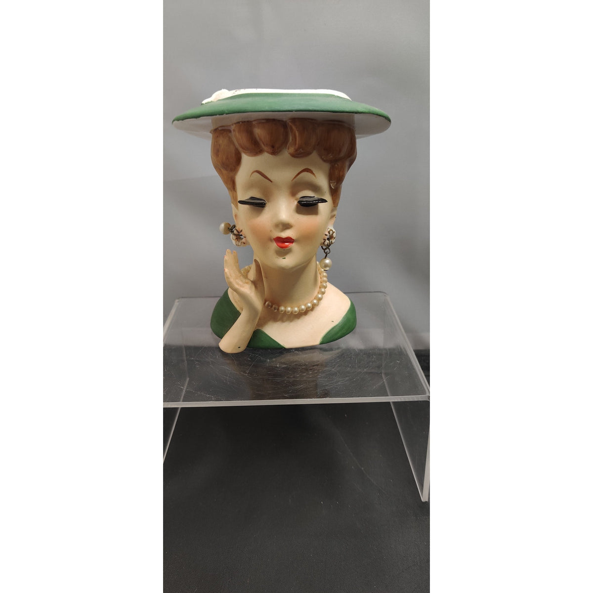 Vintage 1950s Redhead Lady Head Vase Planter Green Hat Collectible Kitsch