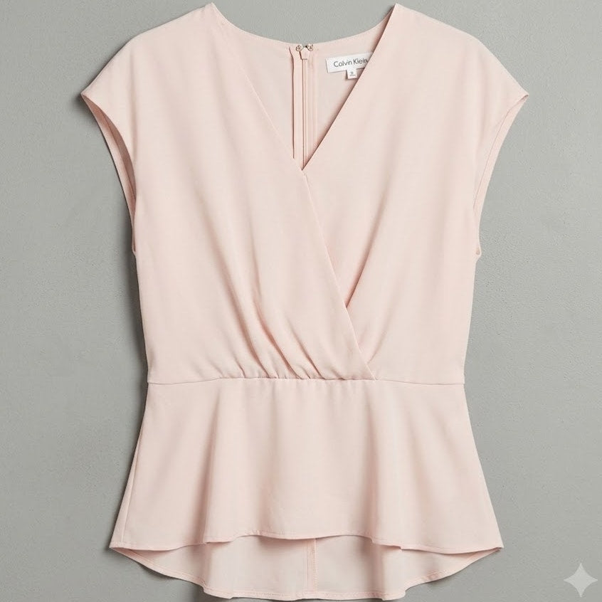 Calvin Klein Pale Blush Pink Pleated V Neck Peplum Blouse Top Medium Minimalist