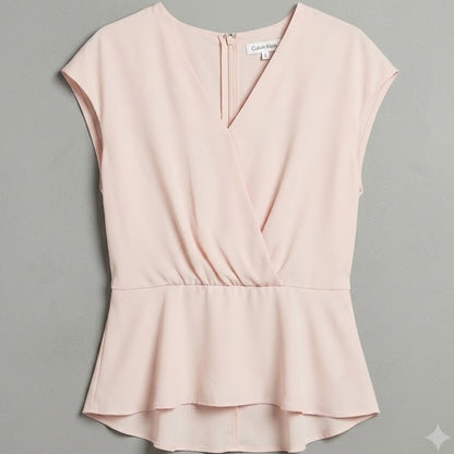 Calvin Klein Pale Blush Pink Pleated V Neck Peplum Blouse Top Medium Minimalist