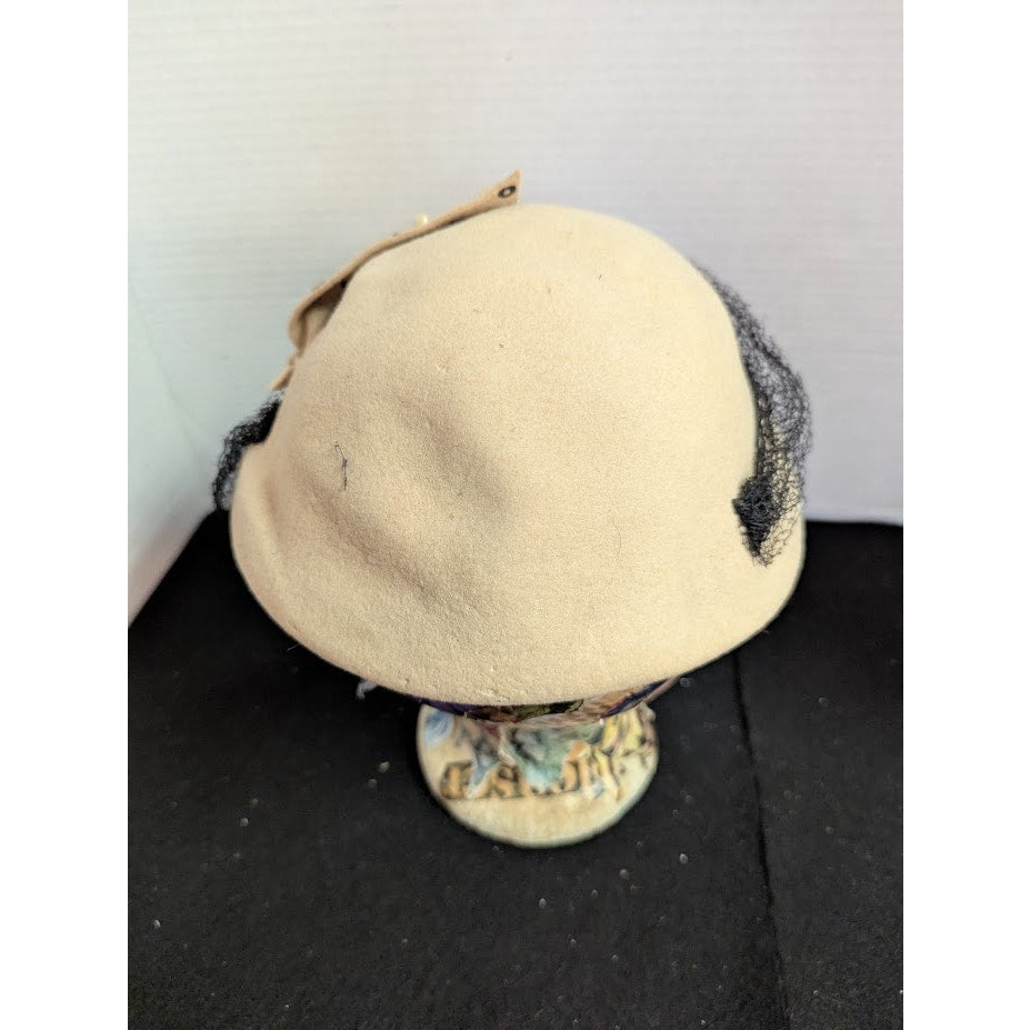 Vintage Hornberger Berkshire Wool Hat Cream Rhinestone Netting 1950s