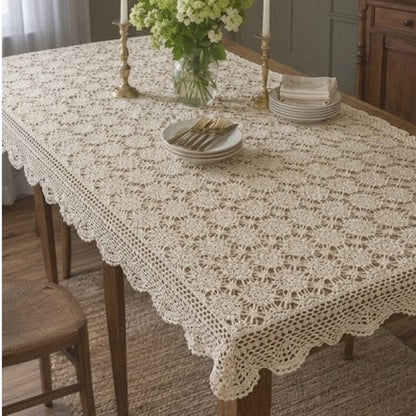 Vintage Handmade Cream Crochet Lace Tablecloth / Twin Bedspread - 51" x 96"