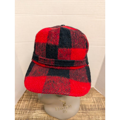 Vintage Red Black Buffalo Plaid Flap Cap Hat Retro Hunter Hunting Outdoor
