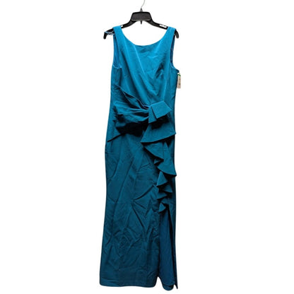 Eliza J Size 10 Laguna Teal Stretch Crepe Ruffle Slit Formal Gown Wedding event