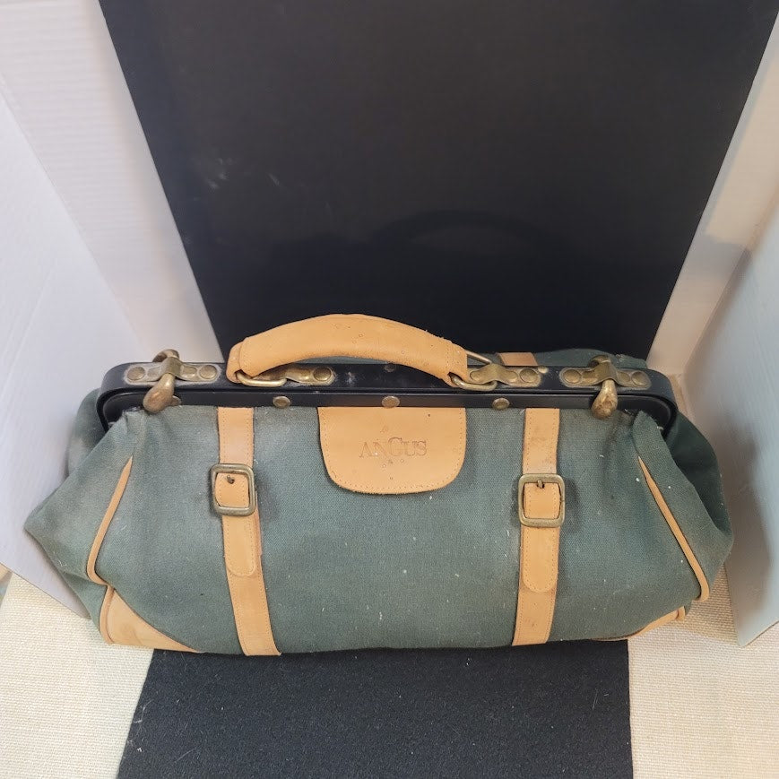 Vintage Angus Teal Green Canvas Leather Doctor Bag Tool CarryAll Travel Satchel