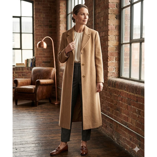 Marvin Richards Vintage Tan Wool Blend Long Trench Coat Size 14 Minimalist