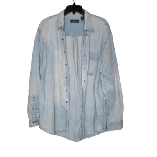 Vintage WELL WORN damaged LANDS' END blue jean light wash Mens Shirt Size XL 17"