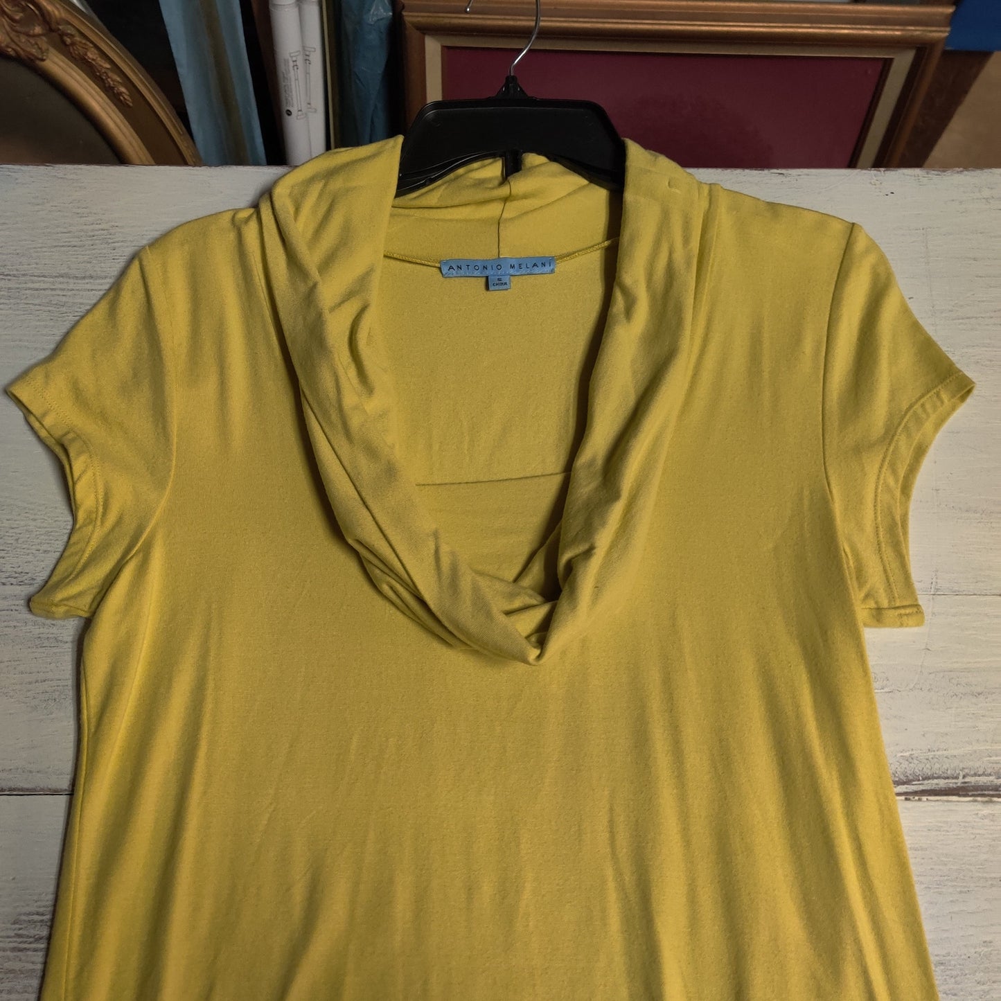 Antonio Melani Chartreuse Yellow Cowl Neck Short Sleeve Luxury Blouse Size Small