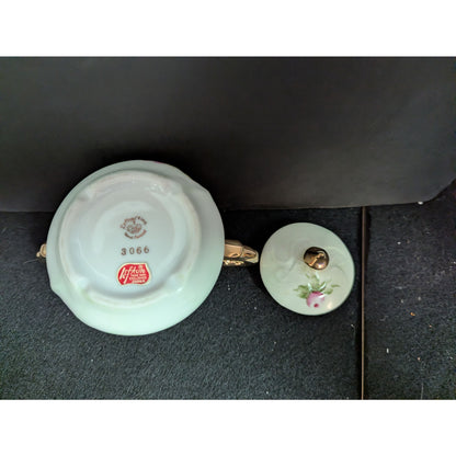 Vintage Lefton Green Rose Lidded Sugar Bowl Porcelain Gold Gilt 3066